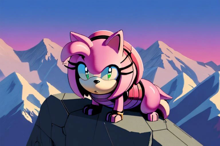 best quality, detailed character, detailed background, high resolution, best quality, the background is a mountain, the character is a female and looks like Amy Rose but her fur is black instead of pink,