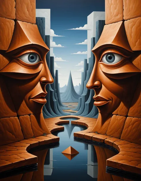 Cubist artwork <lora:FF-Style-Rafal-Olbinski.LORA:1> in the style of rafal olbinski,rafal olbinski style, painting, Literal ("Mind Sludge":1.3) , copper background, dungeon, Panorama, Kawaii anime, flat lighting, Highres, designed by Patrick Woodroffe, raf...