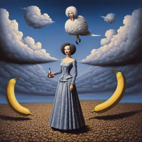 Surrealist art  <lora:FF-Style-Rafal-Olbinski.LORA:1> in the style of rafal oblinski, a collage of paintings with a (beautiful woman), a poodle and a banana, the absurdity of love in a loveless world full of clowds and waterwalls. hyperdetailed, detailed, ...