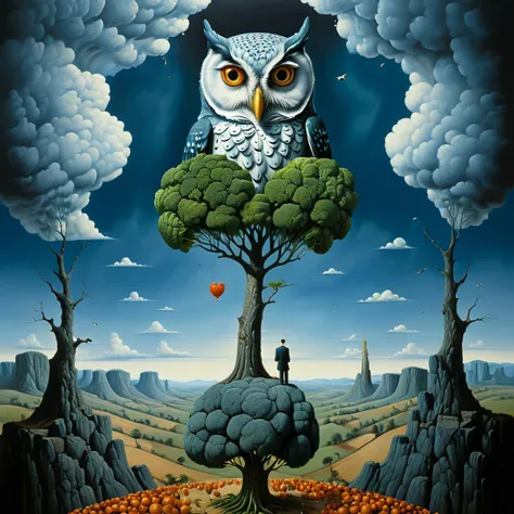 Surrealist art  <lora:FF-Style-Rafal-Olbinski.LORA:1> in the style of rafal oblinski, a collage of paintings with a man, an owl and a broccoli, the absurdity of love in a loveless world full of clowds and waterwalls. hyperdetailed, oblinski painting, expan...