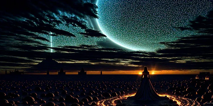 a woman standing in a field with a full moon in the background