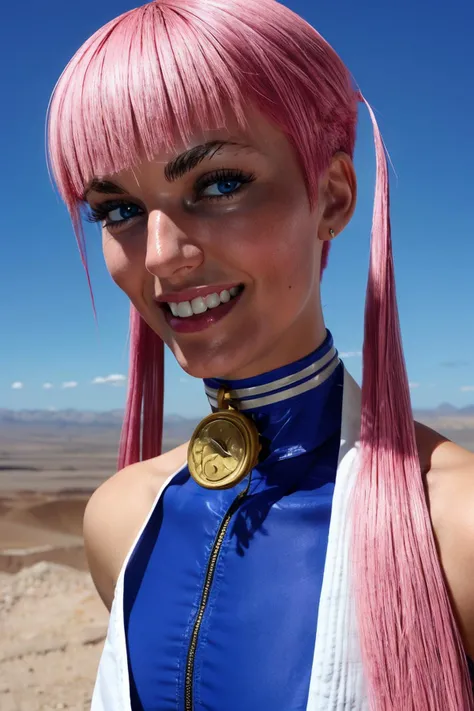 manon,short pink hair with long locks, blue eyes, blue bodysuit, white karate gi,choker, looking at viewer, smiling, close up, outside, desert, sunny, high quality, masterpiece, <lora:manon:.8>