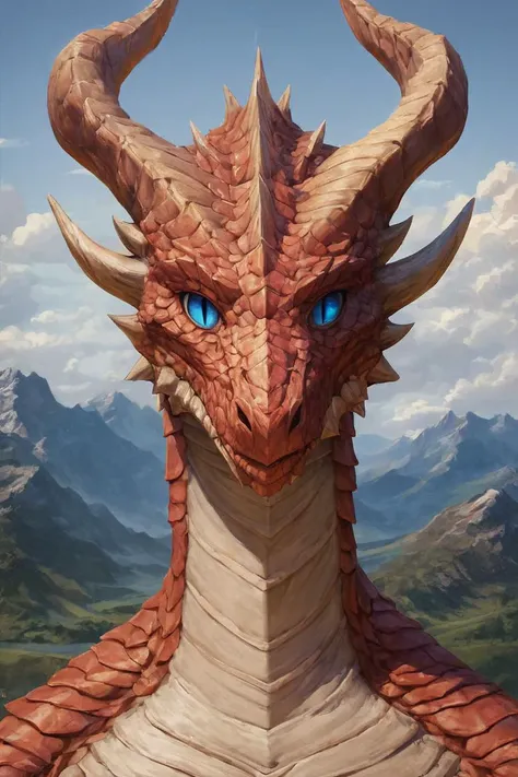 a close up of a dragon with blue eyes and a mountain in the background