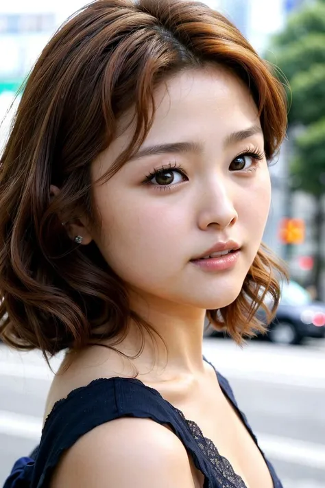 a close up of a woman with a black dress on a city street