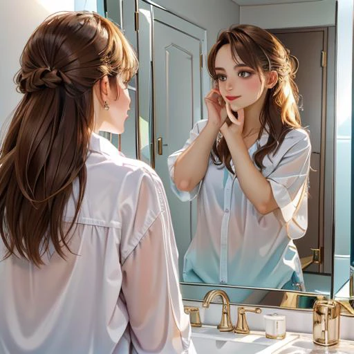 araffe woman in a white shirt looking at her reflection in a mirror