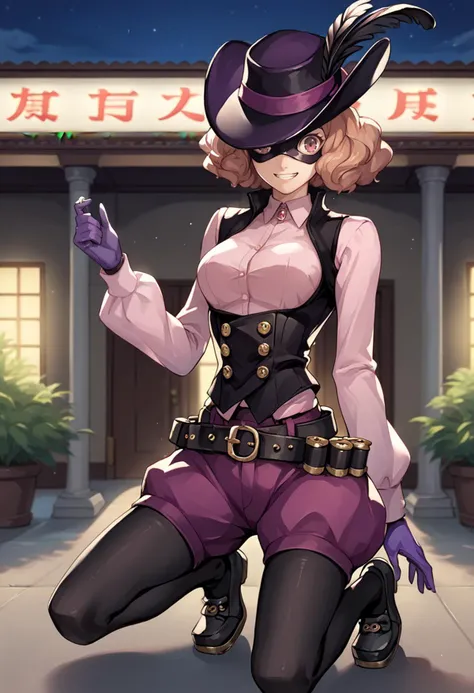 anime girl in a top hat and purple outfit sitting on a bench