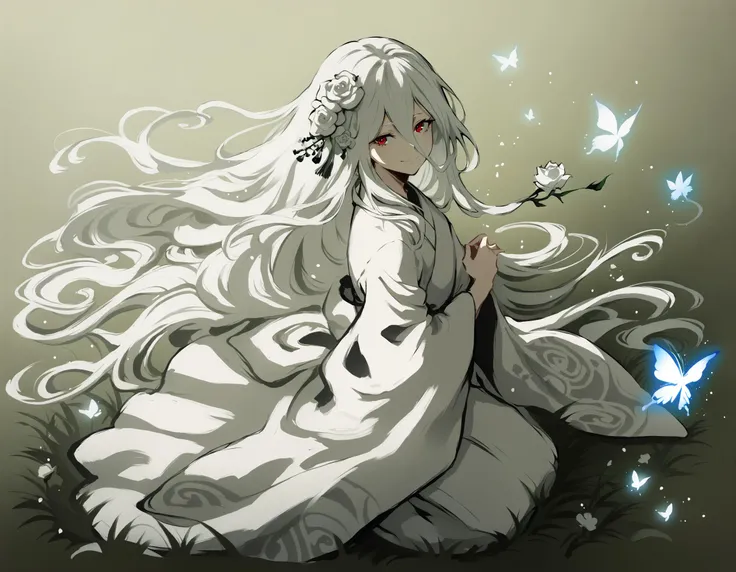 anime girl with long white hair sitting on the ground with butterflies