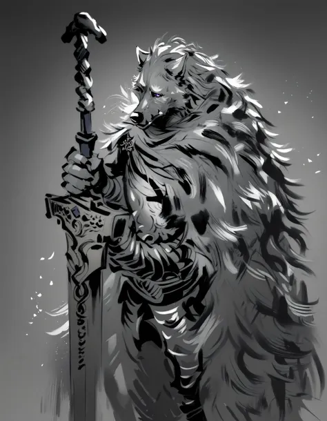 a drawing of a man with a sword and a wolf