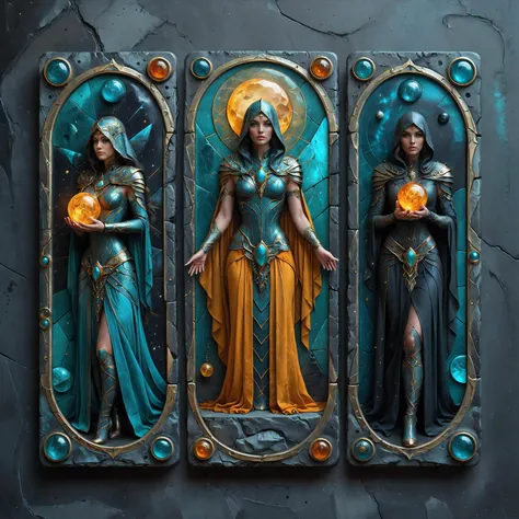 three statues of women in armor holding pumpkins and a lantern