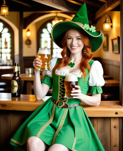 best quality, masterpiece, ultra detailed,  a beautiful redhead woman wearing green dress drinking beer, green tall hat with gold buckle, smile, drunk, clover icon, clovers, St Patrick day, medieval tavern, medieval