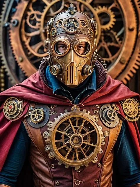 Marvel Cinematic Universe steampunk style a superhero wearing steampunk mask and cape  . antique, mechanical, brass and copper tones, gears, intricate, detailed . Superheroes, epic battles, colorful, highly detailed