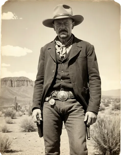 vintage photograph of heisenberg as a wild west cowboy, new mexico, desert