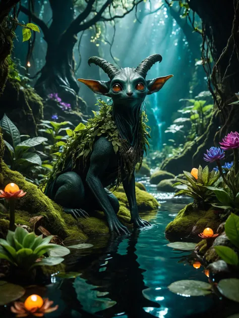 Horror-themed , Award winning photo of the feywild realm in dungeons and dragons.  ultra-vibrant colors, extreme natural overgrowth, glowing orbs, strange alien plants, anthropomorphic flowers, glittering water, ethereal, fey, sharp focus, f/22 raw photo b...