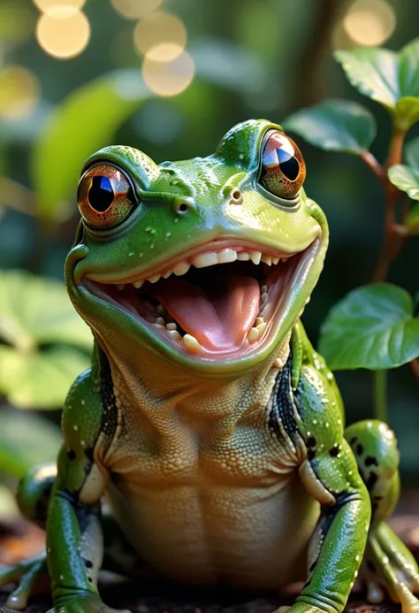 there is a green frog with its mouth open and its tongue out