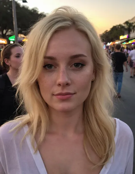 blonde woman with a white shirt and piercings on her chest