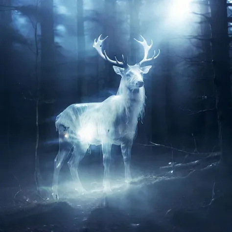 photo of a transparent ghost stag on the forest, at night, bright light coming from ghost