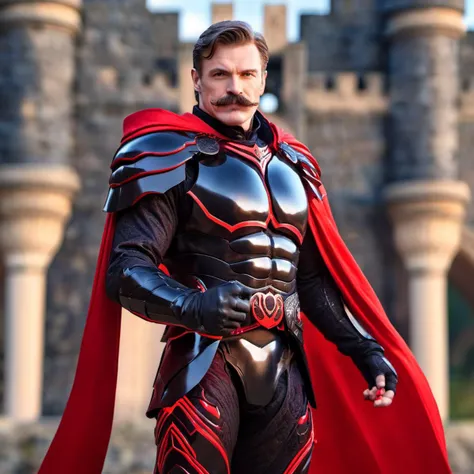 1man. male, solo,  wearing black armor, holding glowing red weapon in front of him intricate cape, big mustache,  background of a fantasy castle, bokeh , HD, masterpiece, best quality, hyper detailed, ultra detailed,