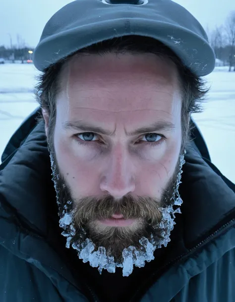 amateur cellphone photography man with beard with at slush ice layer, symmetrical face . f8.0, samsung galaxy, noise, jpeg artefacts, poor lighting,  low light, underexposed, high contrast