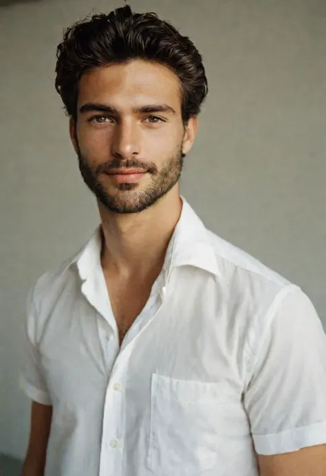 a close up of a man in a white shirt posing for a picture