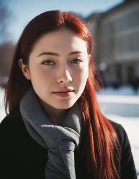 amateur cellphone flash photography (art by Mathias Goeritz:0.9) , photograph, Lush Girlfriend Ayumi Shibutani , Rich Red hair, winter , Noon , tilt shift, sharp focus, specular lighting, film grain, Samsung Galaxy, F/5, (cinematic still:1.2), (freckles:0....