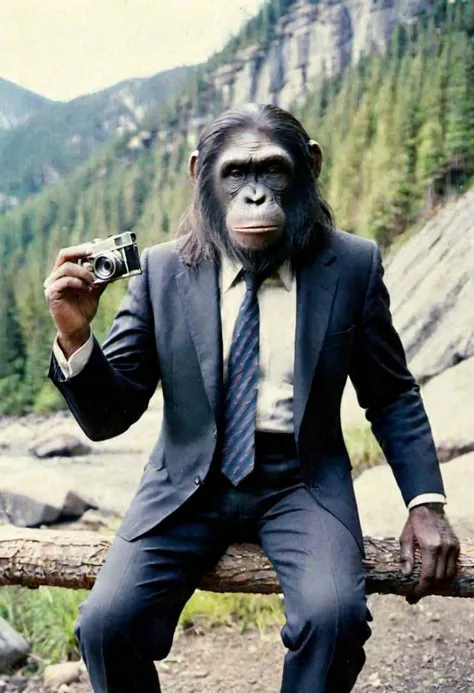 arafed man in a suit and tie sitting on a log with a camera