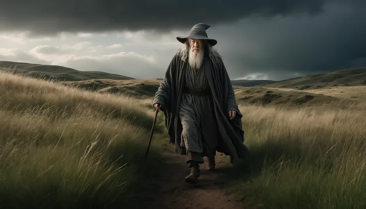 landscape photo of ian mckellen as gandalf in a dark hood walking with haste through grasslands, photo taken 5 0 0 m from gandalf, highly detailed, cinematic shot, cinematic lighting, 8 k, exquisit facial detail, magical realism painting, chiaroscuro, dark...