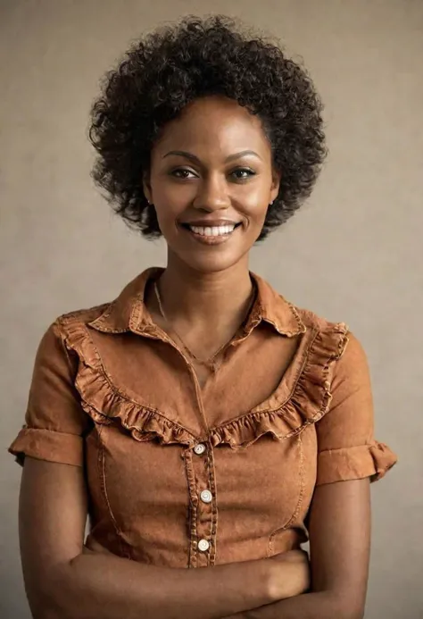 a woman with a brown shirt and a brown shirt