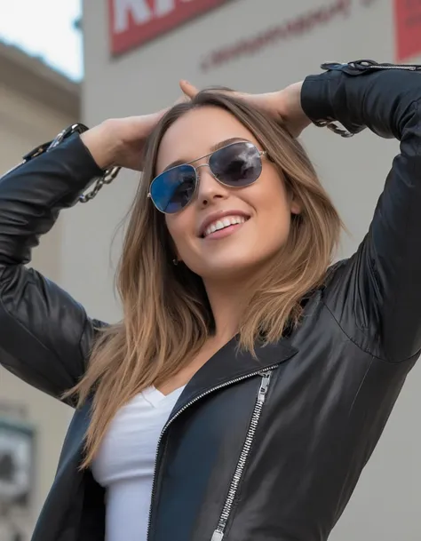 woman wearing black leather jacket and sunglasses posing for a picture