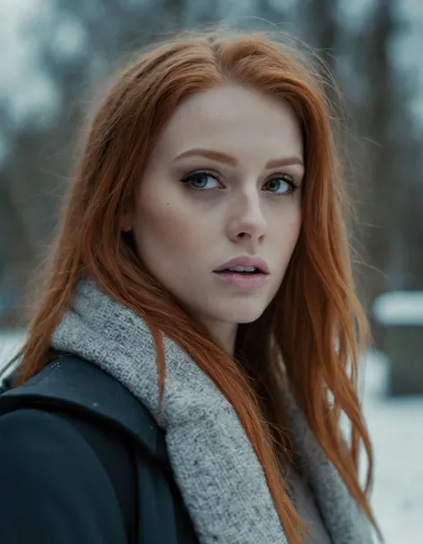 a woman with red hair and a scarf standing in the snow