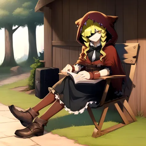 anime character sitting on a chair in front of a house