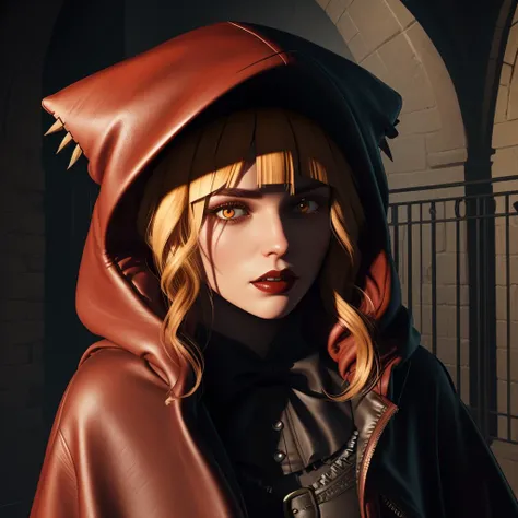 a close up of a woman in a red cape and black hood