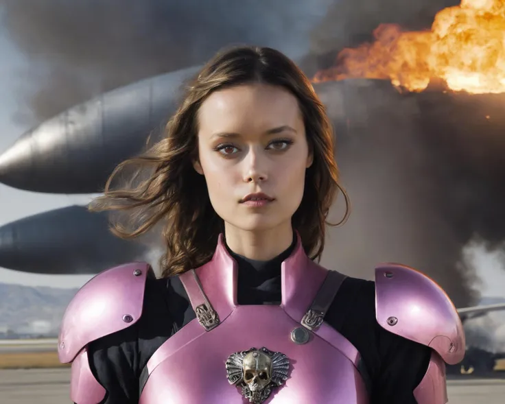 summer_glau, <lora:SummerGlauXL:1>,female superhero, close up, upper body, (black and pink body armor, skull ornamented armor)), full bodysuit, glowing armor, steam, realistic, looking at viewer, airport runway, burning ufo in background, smoke, fire, expl...