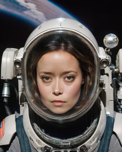 summer_glau, <lora:SummerGlauXL_ep50:1>, floating in space, moon, earth, space, futuristic space suit, closed helmed, helmet lamp, space station, ((sharp face, detailed face, realistic face, naturtal skin, realistic skin, detailed skin, pores)), ((perfect ...