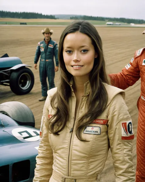 summer_glau, <lora:SummerGlauXL:1>,1970 racing jumpsuit, formula 1 pilot, standing next to a 1970 racing car, in front of the camera, Cowboy Shot, Two Shot, Deep Focus, smiling, ((perfect eyes, detailed eyes,realistic eyes)), ((sharp face, detailed face, r...