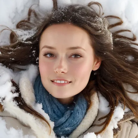 summer_glau, woman lying in snow, covered in snow, smiling, lying on her back, picture taken from above, upper body, arms spread, snow angel, exploding snow cloud, perfect snowy photography, muted colors, stunning, fire, smoke, beautiful, cloudy, fluffy, s...