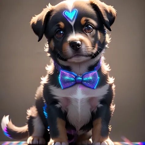 <lora:holographicclothing:0.3>, cute puppy wearing holographic bowtie, masterpiece, highres, shallow depth of field, sharp focus