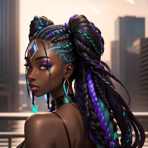 <lora:holographicclothing:0.3>, beautiful woman with holographic braids, looking over shoulder, dark skin, masterpiece, highres, shallow depth of field, sharp focus