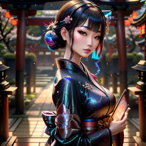 <lora:holographicclothing:0.3>, beautiful woman wearing holographic kimono, shinto temple, masterpiece, highres, shallow depth of field, sharp focus