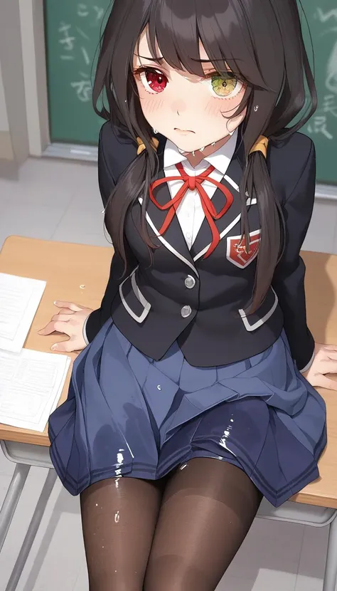 anime girl sitting on a desk with a book and a pencil