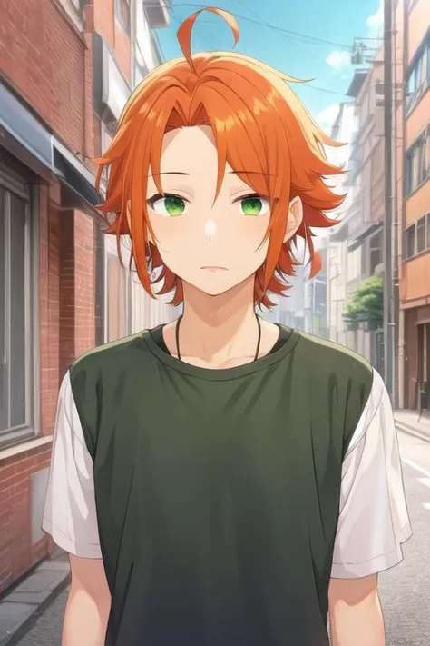 masterpiece, best quality, high quality, 1boy, solo, male focus, looking at viewer, upper body, <lora:kouichi_shindou:0.72>, kouichi_shindou, orange hair, green eyes, ahoge, ,