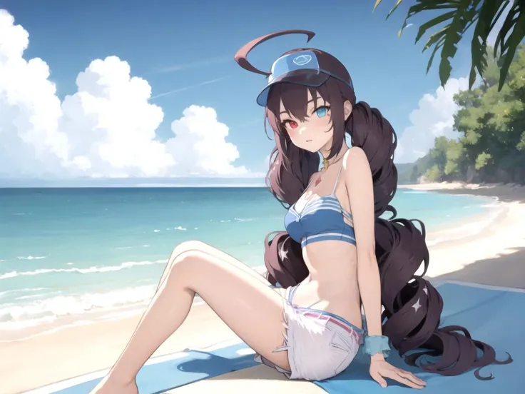 masterpiece, best quality, highres BREAK
lulucaswim, purple hair, very long hair, twintails, ahoge, heterochromia, blue bikini, short shorts, visor cap, 1girl, solo BREAK
sitting, outdoors, beach, detailed background
<lyco:dsluluca_lc_768:1>