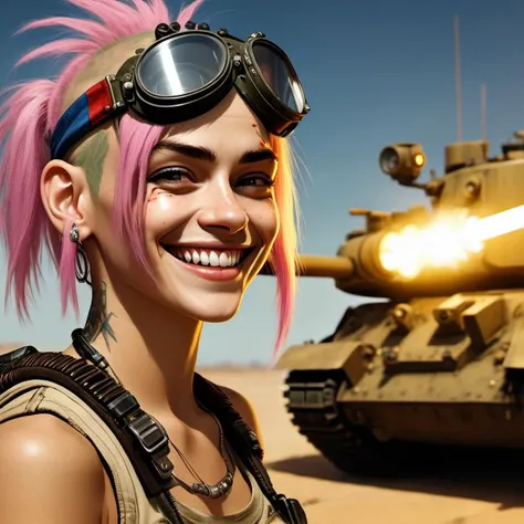 beautiful lighting, UHD 8k, , a cinematic photograph of Tank Girl smiling, happy tank girl