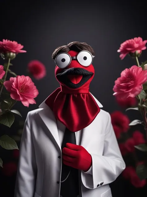 cinematic photo art by Renato Guttuso, sock puppet of a Superficial "I want to break free.", Crimson blossoms, Modern European Ink Painting . 35mm photograph, film, bokeh, professional, 4k, highly detailed
