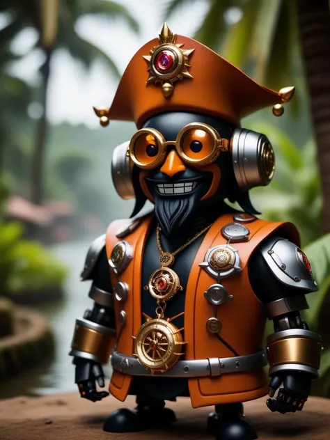 cinematic photo hearthstone artwork of a Hateful Robotic small Sri Lankan Male, Town crier, (dark orange theme:0.7) , Enchanted Fitness Tracker, Straps, Bangladeshi background, vegetation and water, Regret, F/1.8, Amaro, art by Kenny Scharf . 35mm photogra...
