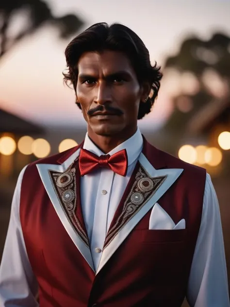 cinematic photo Doom engine of a Amiga 500 Style Aborigine man, confident stance, Complementary Bowtie, Tiara, at Dawn, Hackercore, complementary colors . 35mm photograph, film, bokeh, professional, 4k, highly detailed