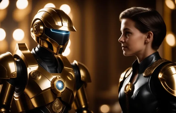 cinematic film still (magic the gathering) chrome black and gold mech with a kid prodigy pilot . shallow depth of field, vignette, highly detailed, high budget Hollywood movie, bokeh, cinemascope, moody, epic, gorgeous, film grain, grainy