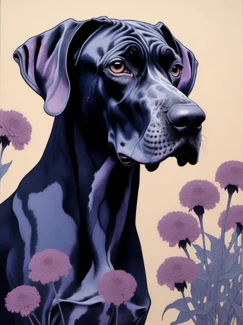 (art by Dom Qwek:1.1) ,art by Hope Gangloff, CCTV of a Parched Great Dane, Supple flowers, Smoky Conditions, soft focus, Ultra Real, Fluxus Art, deep indigo and Mauve hue