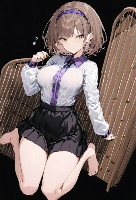 masterpiece, best quality, ultra-detailed, beautiful, nai3, 1girl, solo, full_body, tachi-e, 
tsukumo_yatsuhashi, solo, 1girl, short_hair, shirt, long_sleeves, brown_eyes, skirt, white_shirt, brown_hair, frills, collared_shirt, hairband, black_skirt, baref...