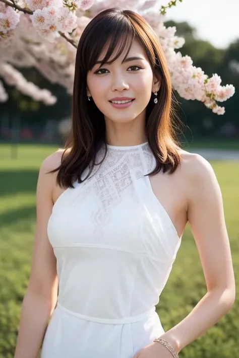 a woman in a white dress standing in front of a tree