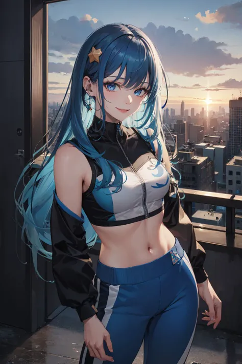 photorealistic, (masterpiece, best quality:1.2), cowboy shot, solo, 1girl, smile, looking at viewer, long blue hair, star hair ornament, blue eyes, crop top, track pants, cityscape scenery